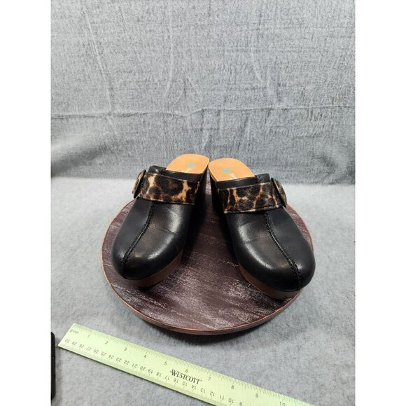 Baretraps Belita Black Leather Clogs With Leopard Print Strap & Buckle 8.5 - Picture 2 of 11